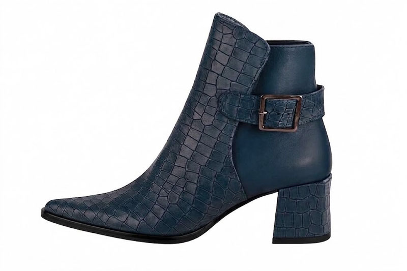 Women's navy blue back-buckle ankle boots with pointed toe and mid block heel - Profile view